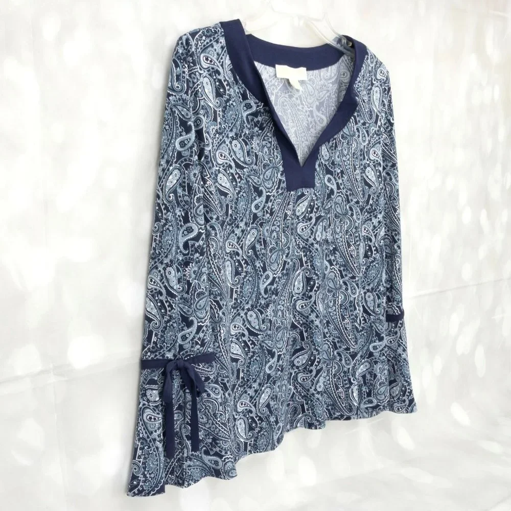 Michael Kors Paisley V-Neck Pull Over Long Sleeve Blouse Top W/Sleeve Ties - Picture 3 of 7